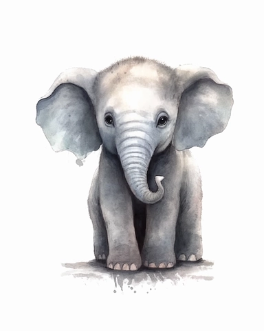 a realistic baby ELEPHANT clipart with watercolor illustration, full body shot ,8k, style of Bohemian, style of Anna Süßbauer and Jon Klassen,vector, Vector, white background,Solid Background, Sharpness and clarity, masterpiece, trending on Artstation and Dribbble.