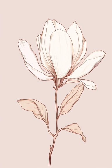 hyper minimal single line drawing magnolia illustration in watercolor style clipart, isolated, soft colors, feminine,
