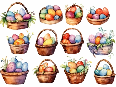 Watercolor clip art on white background, Easter Baskets Clipart, high-resolution image with vibrant and true-to-life colors, isolated
