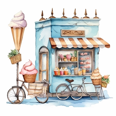 Watercolor wedding icecream blue stand, wedding clipart, simple, soft colors, cartoon elements, watercolor boho style, white transparent
