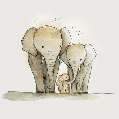 watercolor and ink drawing of a portrait of a family of three happy elephants, one mom elephant, one dad elephant, one baby elephant, clipart, embracing each other, cute pose, cartoon, doodle, happy, smiling, beautiful watercolor ink wash coloring, thick pencil lines, Jon klassen, Adrian tomine, popular on etsy, watercolor illustrations clipart, watercolor illlustrations for kids and children, book illustrations, plain white background