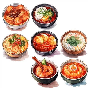 Kimchi, Korean fried chicken, Tokpokki, Ramyeon, Jajangmyeon, Kimbap, Bibimbab, Shabu Shabu, Sundubu jigae, Ginseng chicken soup, korean food, white background, clipart, Object, vector collection, 8k, watercolor