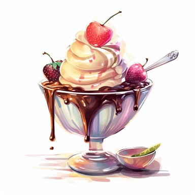 a drawing of a dessert featuring candy and whipped cream, icecream sundae, chocolate icecream, chocolate sauce, chocolate sauce dripping, glass bowl, in the style of pastel toned, shiny/glossy, fantasy realism, caffenol developing, warmcore, #screenshotsaturday, rubens, white background, isolated, free brushstrokes, watercolor illustration, clipart,