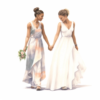 watercolor, hyper realistic, white background, white margins, 16k, ultra detailed clipart, cut out image, hand-drawn,celebration of love and commitment between two individuals of the same gender, wearing wedding attire, two brides, both wear wedding gowns, full length body