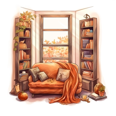 Cozy bookworm corner, autumn Watercolor style, brown and orange tone tone, There is a big window and couch. Many books, png, , style by Lucy Fleming, watercolor, smooth gradients, black contour outline, ultra detailed, clipart elements, delicate pastel colors, solid white background, super clear, high quality
