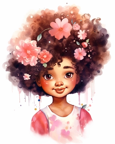 a little afro girl portrait in watercolor Disney style clipart on white background, hugh eyes, sarah kay, holly hobbies, valentines day