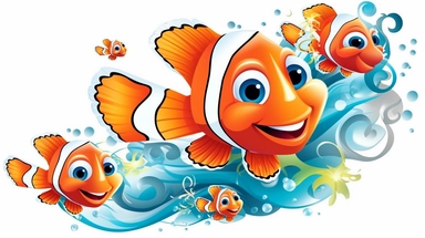 Multiple Brightly Colorful Cartoon Clown Fish and Waves clip art. Image depicting Happy Fish with sparkling scales that have double flowing Flippers, Fish are swimming, playing and laughing. No rouge faces. Each element of the Design is to be individual and totally separated and isolated on White Background, 2d Vector Clip Art for use in other designs