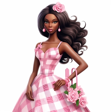 Barbie doll in pink checkered dress, dark skin, beautiful face, flowers, fashion illustration, high quality, clipart, white background