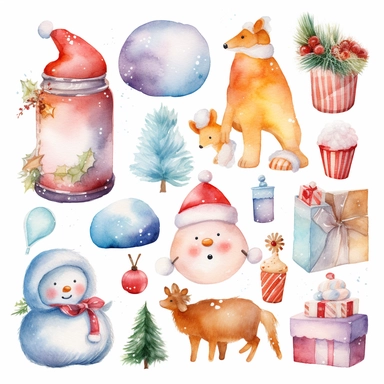 watercolor clipart on a white background santa claus, christmas gifts, snowman, candy, gift, sock, mittens, bell, sled, hat, delicate colors, 10 elements