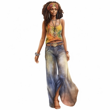 watercolor, hippie black woman, clipart, full body, side angle