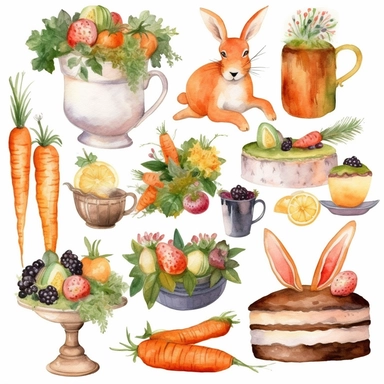 Watercolor Carrot Clipart - digital png carrots, rabbits and cake graphics, single element
