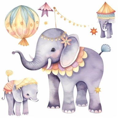 One cute decorated circus elephant clipart, style as seen on Etsy. Cartoonish appearance with exaggerated body proportions, but atomically correct limb positions and number. Perfect for decorating a baby's nursery. Varied bright pastel watercolors, loose,