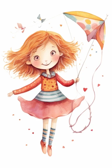 girl holding a kite in the style of whimsical drawings, scrapbook, clipart on a white background