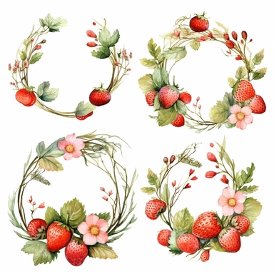 Watercolor clipart, beautiful wreaths with delicious strawberries, strawberries with leaves and flowers, summer, fresh, watercolor paints, isolated objects on white background, digitally rich, beautiful combination, high quality, 8K-Q2-S750