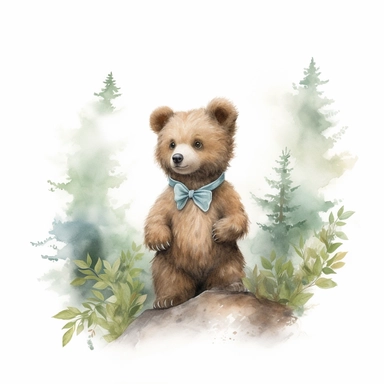 little,baby brown bear,neutral nursery art,cute bear, Baby attire,intricate,disney, baby light green,baby light blue, baby light ocher,hairy, cotton, beautiful trees,enchanted Forest,realism, watercolor painting, enchanted Forest, solid background, white background, vintage outfit, oil painting, photobashing, tattoo design,clipart--s500--v 5