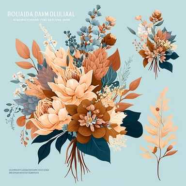 Terracotta Floral Clipart bouquet, pastel, orange and brown colors only, autumn, watercolor, solid blue background, vector,