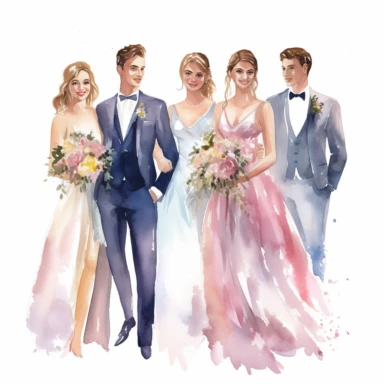 Watercolor wedding party clipart, bridesmaids, maid of honor, best man, high details, white background, 8k,