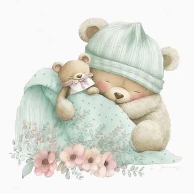 an ultra Cute little newborn baby teddy bear wearing mint green shabby chic floral traditional classic pyjamas and bedtime hat lying on a mint green pillow and blankets watercolour, cute,, bedtime, sleepy, dreamy, isolated on white background, Clipart