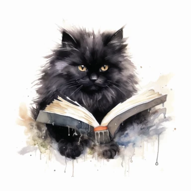 fluffy long haired persian black cat reading book, dark watercolor clipart, ultrarealistic, finished corners, finished edges, no excess sprinkles
