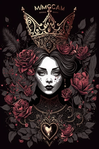 <https://s.mj.run/9tV4APT6Ydk> macro shot, haute couture dolce & gabbana illustration clipart of gothic Alice in Wonderland evil queen of hearts with black diamonds and flowers, pink color palette, white background,