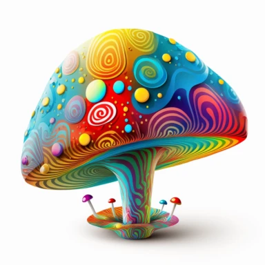An AI generator could create a 2D, psychedelic mushroom clipart that features a brightly colored, cartoonish mushroom with a bulbous cap, adorned with swirling patterns in shades of bright azure, vibrant crimson, shimmering metallic silver, and brilliant yellow. The stem is thin and twisted, and it too is covered in the same psychedelic patterns, with the addition of metallic silver and yellow. The mushroom is set against a background of swirling colors, giving the overall image a dizzying, trip