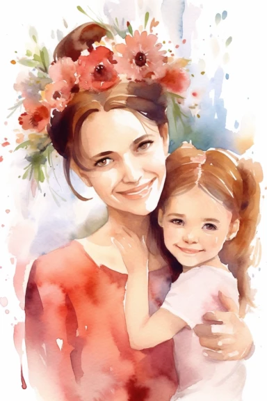 Easy-cut, dreamy watercolor smiling clipart from the back of a mom and daughter of 5 years