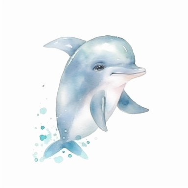 a pastel baby dolphin with kind eyes clipart with watercolor illustration,full body shot,8k,etsy style, white background