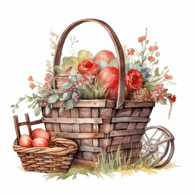 easter basket watercolor clipart & clip art, in the style of light red and dark gray, narrative paneling, classic american cars, uhd image, hand lettering, depiction of rural life, wood
