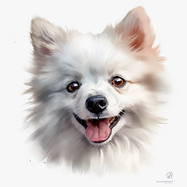 cute American Eskimo dog portrait, full face, centered shot, side shot, dynamically posed, in action, playful mood, happy mood, playing mood, cute face, adorable smile, childlike eyes, clean watercolor illustration, white background, nursery baby imagery, painting, detailed, 8k, PNG, clipart,