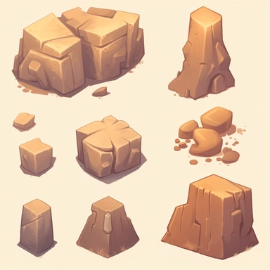 simple desert boulders, video game assets, isometric, top down, isolated figures, hand drawn, level art, low contrast, no borders, soft lightning, smooth edges, atmospheric effects, spatial concept art, muralist, clipart, ps1 graphics, deconstructed objects, 2d, plain background