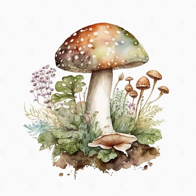 wild mushroom, archive illustration, cute, watercolor, white background, clipart