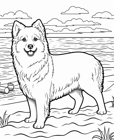 expert coloring page style of realistic Pomeranian Dog breed Clipart, simple beach background, simple line art, line is crisp and clean, easy to color, masterpiece