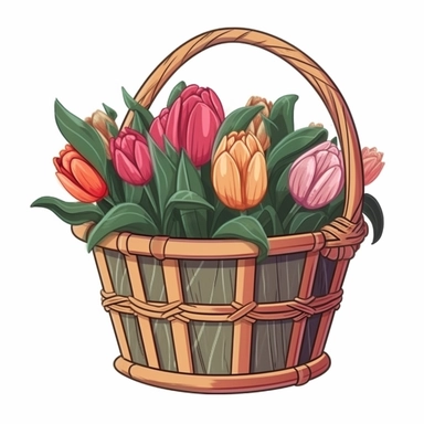 vintage basket of tulips sublimation clipart, vector, illustration, 2d, flat colors, isolated background