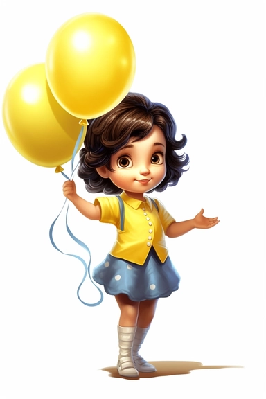 hp clipart,super cute 2 year old girl dressed in light summer clothes holding yellow balloons in his hand, big blue eyes, dark hair, on white background, vector , fully detailed, full body figure view