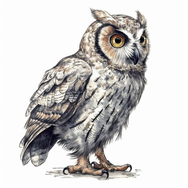 A Cute Happy Owl Side view.Watercolor hyper-realistic detailed animal illustrations, elegant inking techniques, delicate markings, monochromatic paintings, free brushwork, watercolor illustrations, painted illustrations Clipart, White Background