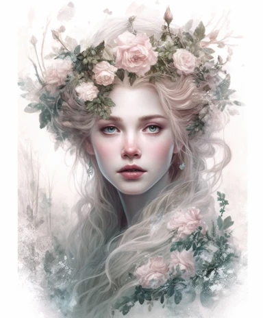 isolated on white illustration watercolor art of a portrait of beautiful feminine princess, overgrown with white and light pink roses and flowers, covered with snow and ice, a lot of moss and branches, lace and embroidery, trees, masterpiece by Tom Bagshaw style and by Hans Zatzka style and by James C. Christensen style and by Alexander Jansson style, Baroque fashion, PNG clipart, isolated on white, white background, extreme photorealistic details, 32k HD resolution, realistic high detailization