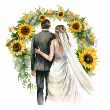watercolor The middle circle of newlyweds with their arms around in the park. back view Bridal veil with Sunflowers flowers and leaves adorning her hair. hair up with flowers vividly bold designs png realistic cartoon in 32K UHD cute. 15 cm thick outline. Black color. There was no shadow on the ground. 8k with realistic watercolors. and detailed illustrations. PNG clipart, transparent white background