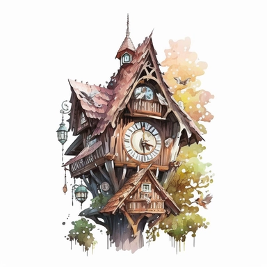 a hyper-detailed illustration watercolor clipart,watercolor cartoon of cuckoo clock on wall isolated on white background with margins, cut-out images,shinkai makoto