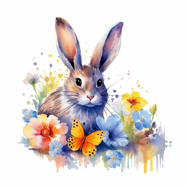 clipart, isolated on white background, Watercolor bunny and batterflies and colorful eggs, easter style, detailed, flowers, ornated, vivid and vibrant and saturated colors