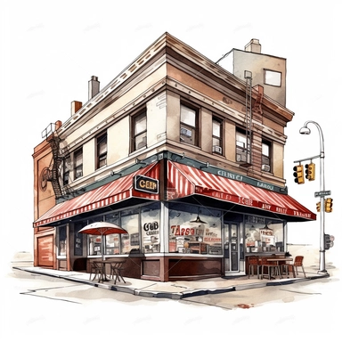 clipart de cafeteria de nueva york, acuarela, 16k, hiper minimalista, megapixel, full color, super detailed,insanely detailed and intricate, ultra detallado