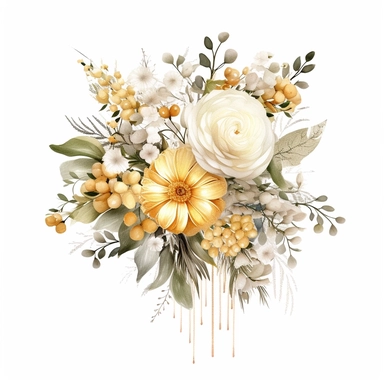 one watercolor wedding bouquet clipart on a white background, in the style of light yellow and white, intricate floral arrangements, white and bronze, intricate embellishments, sterling silver highlights, bold traditional, blurry details , no watermark, text, 300 DPI , typography, shapes do not stick together, no text in the picture, on a white background