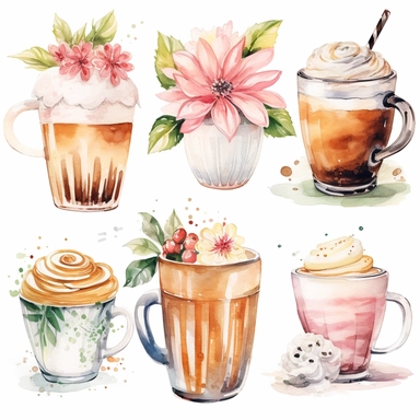 high detail watercolor pastel clipart white background different coffee drinks with floral accents