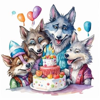 please create watercolor clipart of a wolf, smiling, wearing party clothes with a birthday cake and friends, colorful