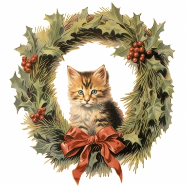 vintage clip art of a cat in a Christmas wreath