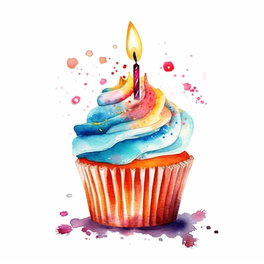 Clipart, watercolor, white background: A birthday cupcake with a lit candle, ready to be enjoyed and making a wish as the flame is blown out.