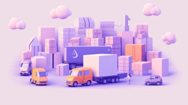 a simple flat microsoft office clip art style illustration of a logistics company, trucks and packages, surrounded by documents on the background, light purple blue pastel color palette