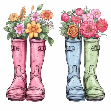 Spring Garden Rain Boots Design - Rain Boots with Flowers Clipart style by Lucy Fleming, watercolor, smooth gradients, black contour outline, ultra detailed, clipart elements, delicate pastel colors, solid white background, super clear, high quality