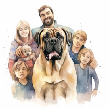 A heartwarming depiction of an English Mastiff with its human family, showcasing the breed's loyalty and affectionate nature, with the dog surrounded by smiling faces and warm embraces, with a white background and watercolor clipart.