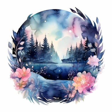 watercolor northern lights over flowers illustration clipart, in the style of use of northern lights tones, intricate storytelling, cool palette, rounded, ephemeral installations, elaborate borders, romanticized depictions of wilderness, clipart, blank white background