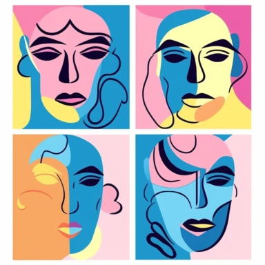 face illustration cartoon portraits face line illustration human face clipart silhouette, in the style of pink and azure, pop art style, handsome, light yellow and light navy, vibrant figurative expressionism